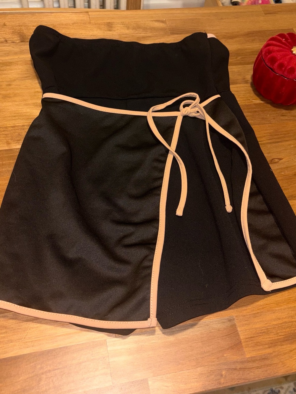 Black Wrap romper with Tan Trim